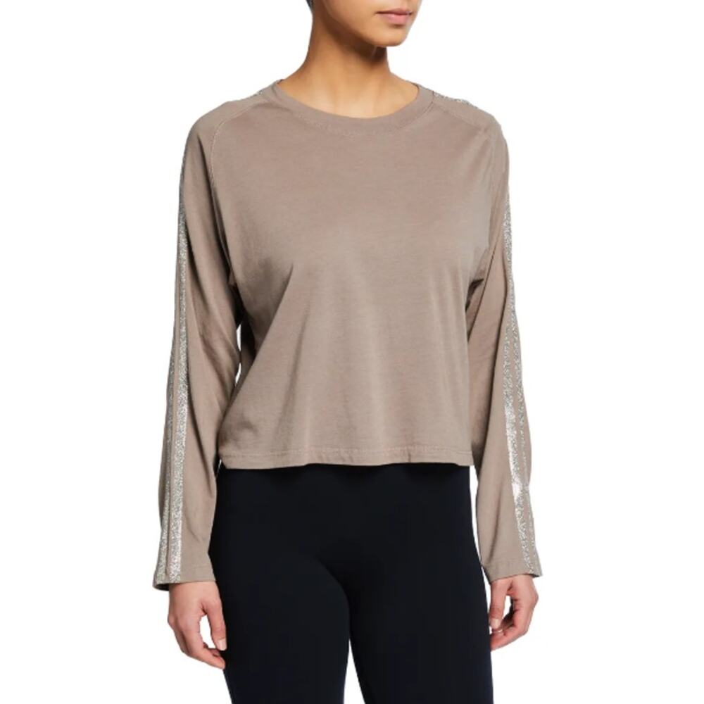 NWT Monrow Lounge Tee With Glitter Stripes Women's Sze S Pebble Cropped Pullover